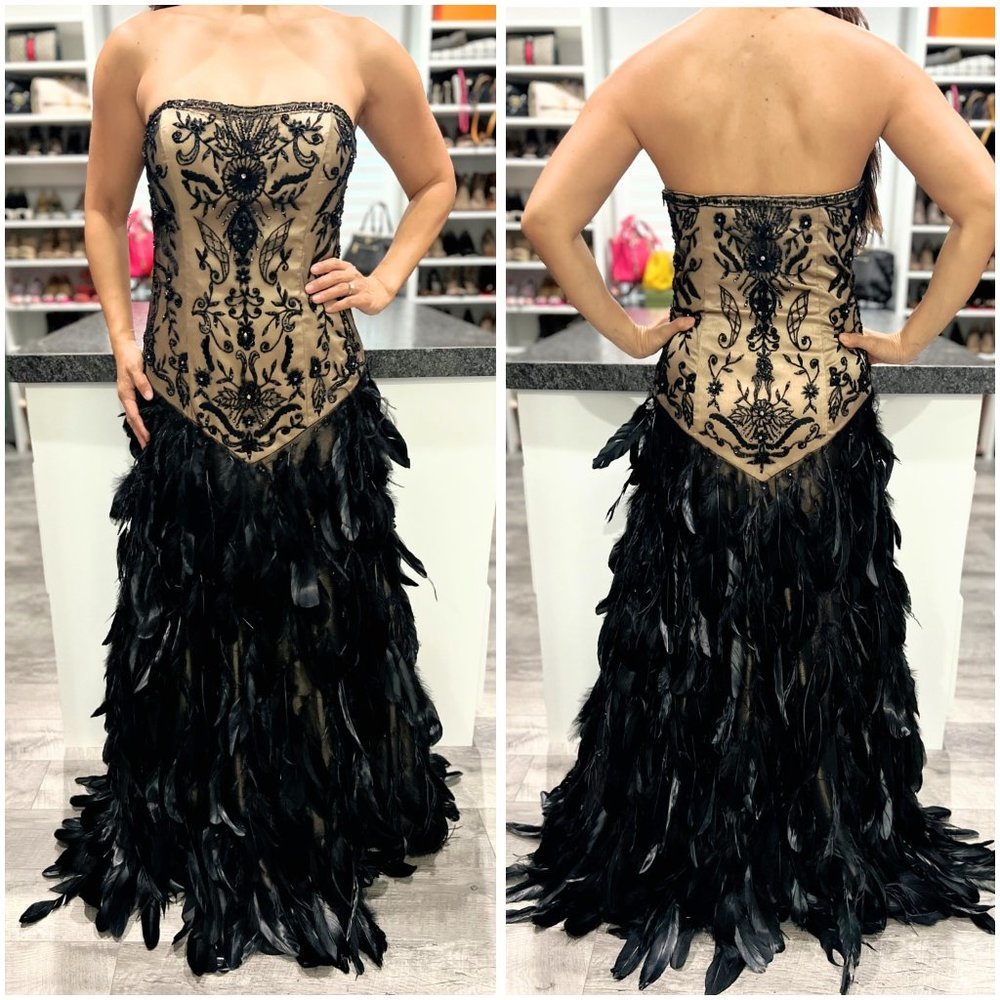 Sue Wong Black Swan Embellished Ornate Feather Strapless Gown $895